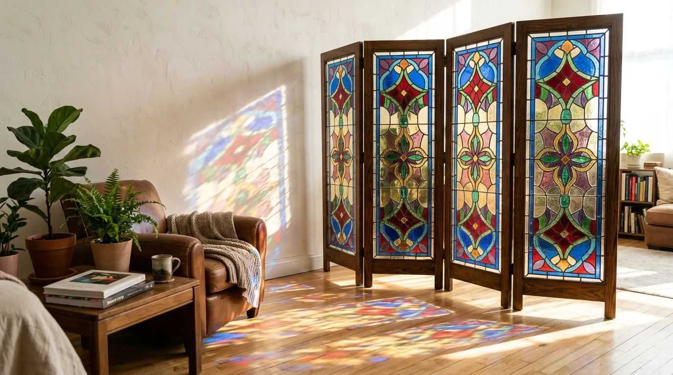 A stained glass room divider panel casting colorful shadows across the space bright natural daylight creative interior feature no people