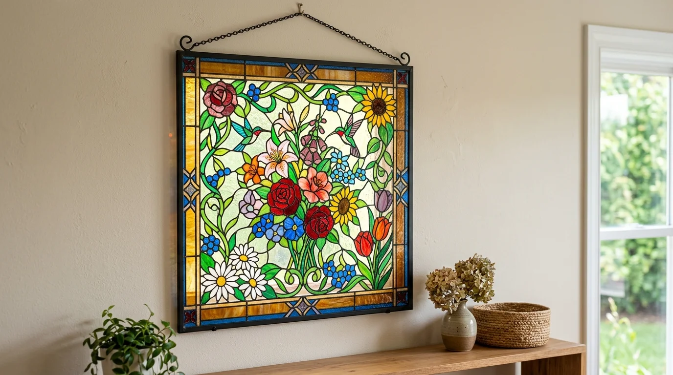 A stained glass wall hanging with floral patterns placed on a neutral wall bright lighting lively decorative accent no people