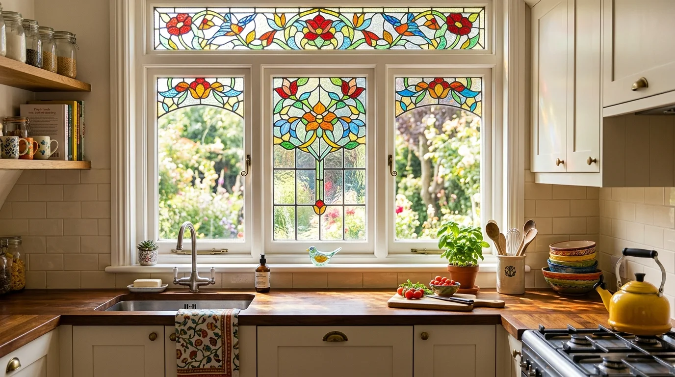 A kitchen window with stained glass panels adding color to the cooking space bright natural light vibrant cheerful atmosphere no people