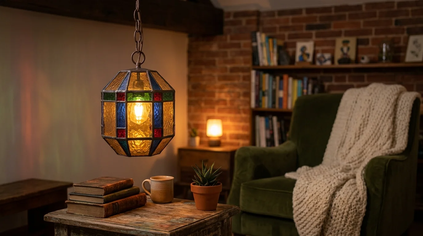 A stained glass lantern with colored panels glowing softly in a room warm ambient lighting cozy artistic decor no people