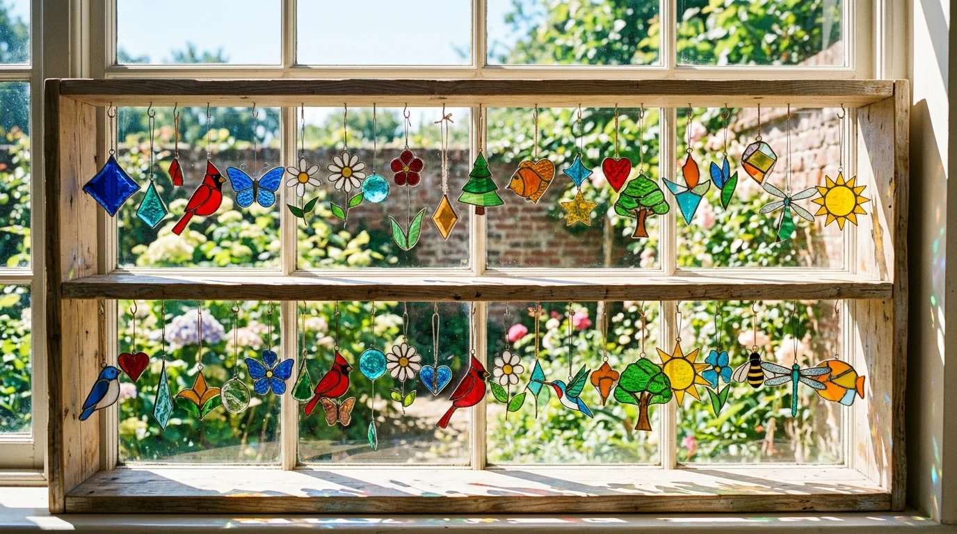 A collection of small stained glass ornaments displayed on a shelf reflecting light bright natural lighting playful colorful display no people