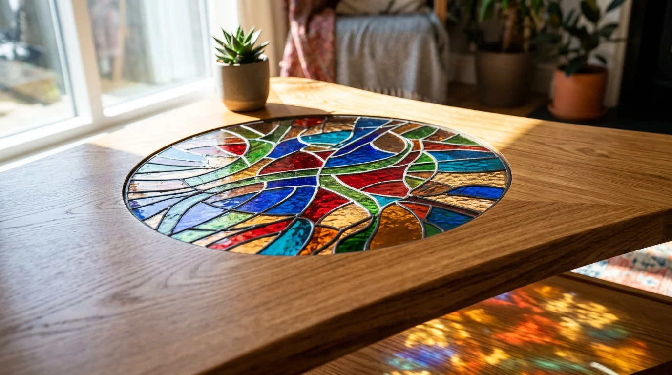 A stained glass tabletop insert adding a pop of color to furniture bright daylight unique statement piece no people