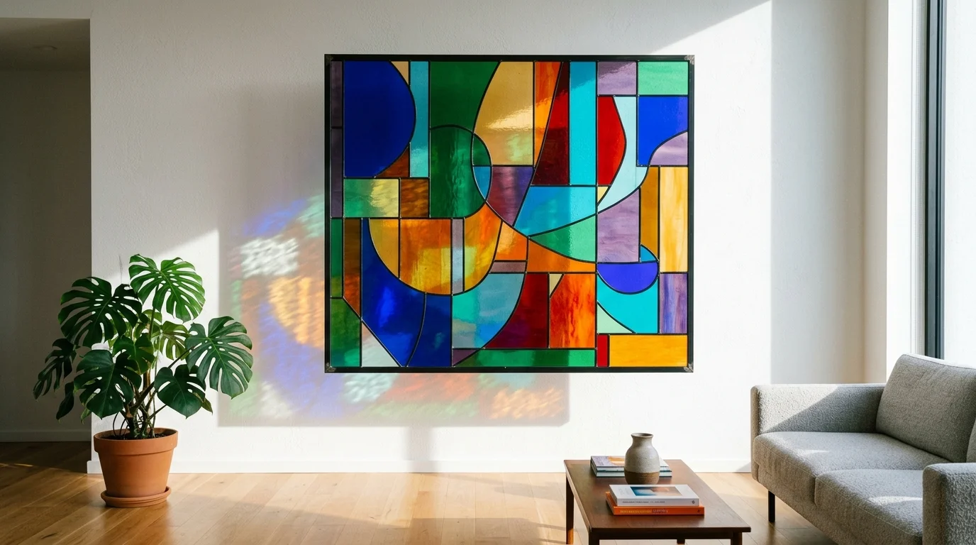 A modern abstract stained glass art panel mounted on a wall casting dynamic colored shadows bright lighting bold contemporary decor no people