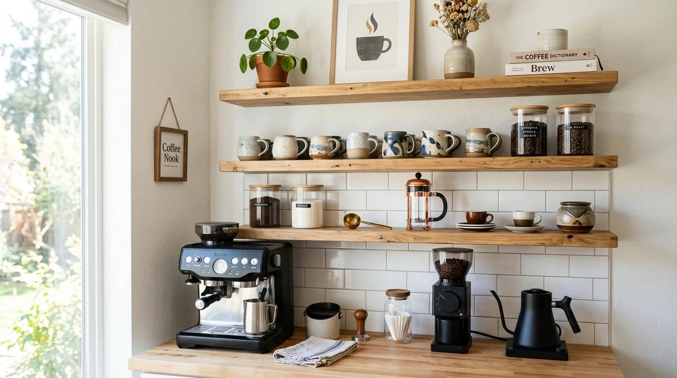 A coffee station with open shelves displaying mugs jars of coffee beans and decorative items bright natural daylight clean organized look no people