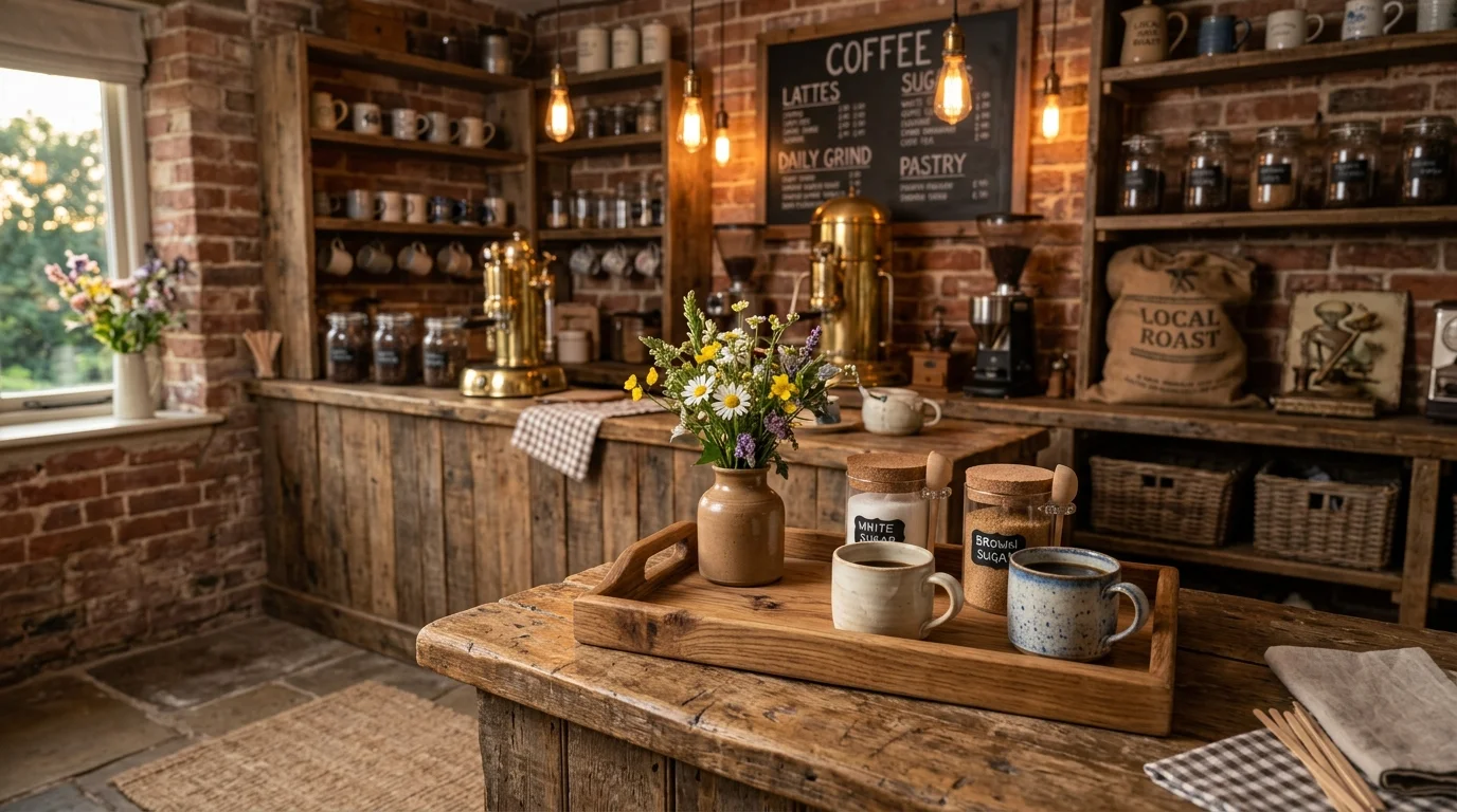 A rustic coffee bar with a tray holding cups sugar jars and a small vase with flowers warm ambient lighting cozy farmhouse aesthetic no people