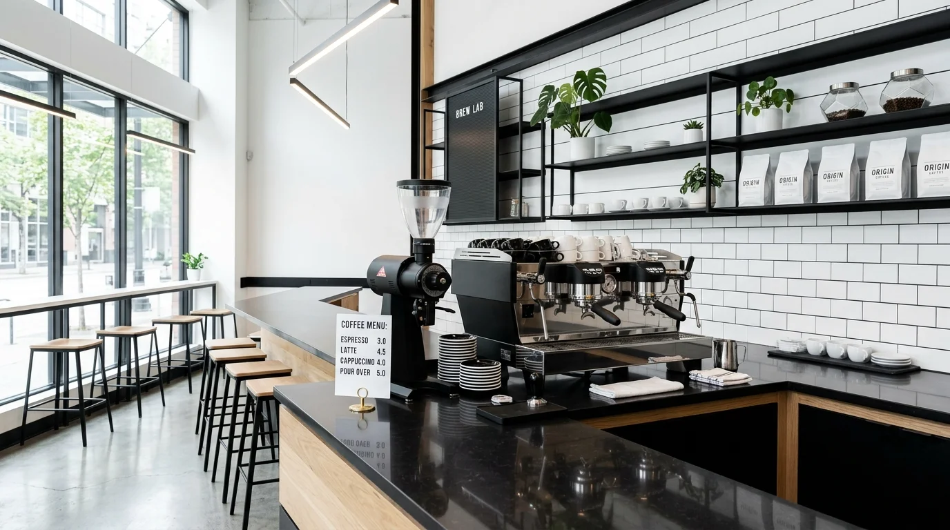A modern coffee bar with sleek black and white decor minimal accessories and a stylish espresso machine bright lighting contemporary design no people