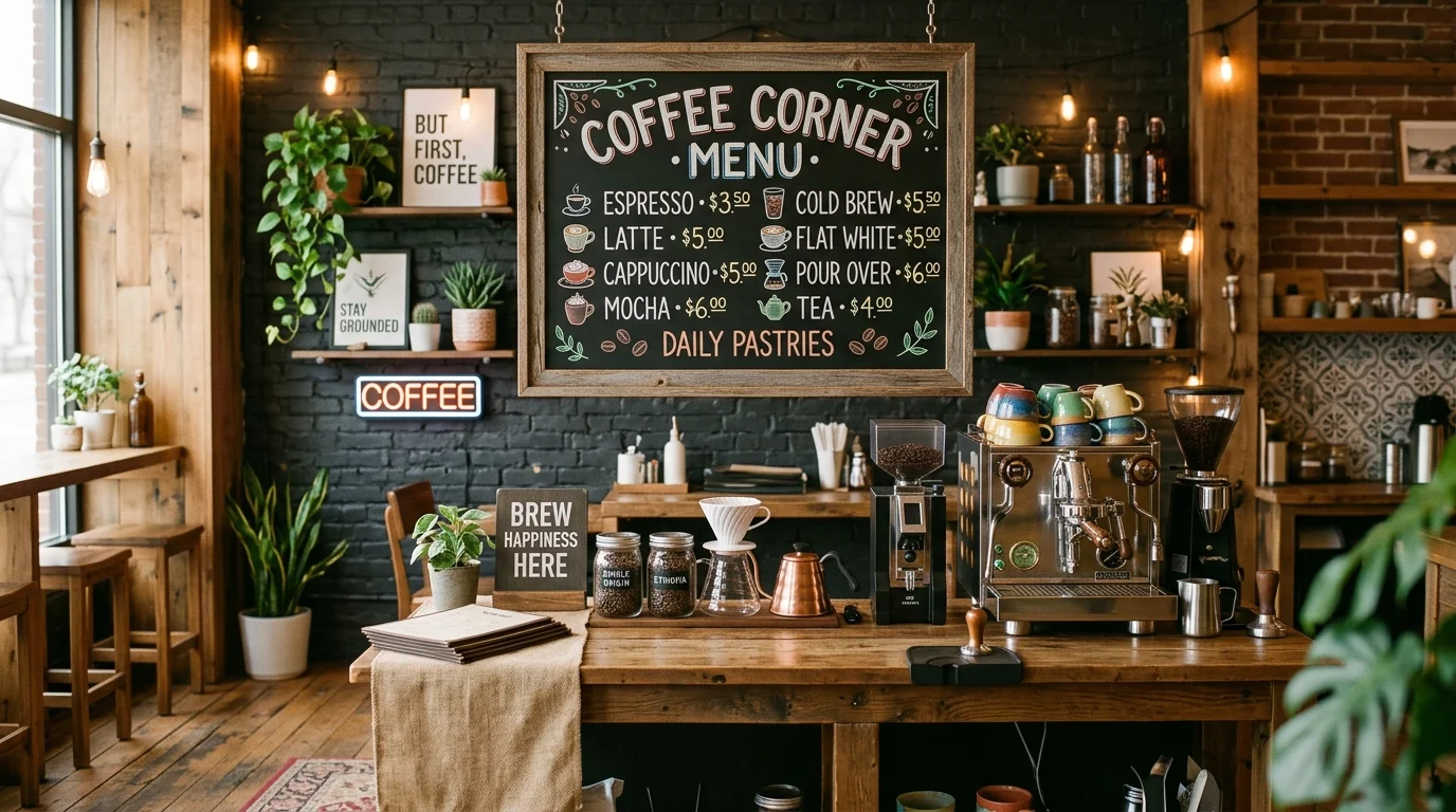 A coffee corner with a chalkboard menu sign hanging above the setup soft lighting playful cafe inspired decor no people