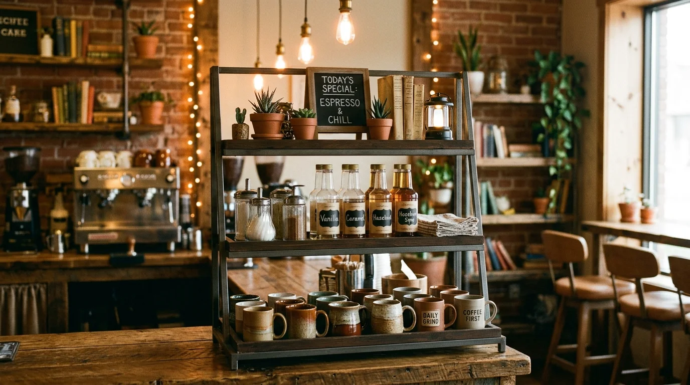 A coffee bar with a tiered tray holding mugs syrups and small decor items warm lighting layered stylish display no people