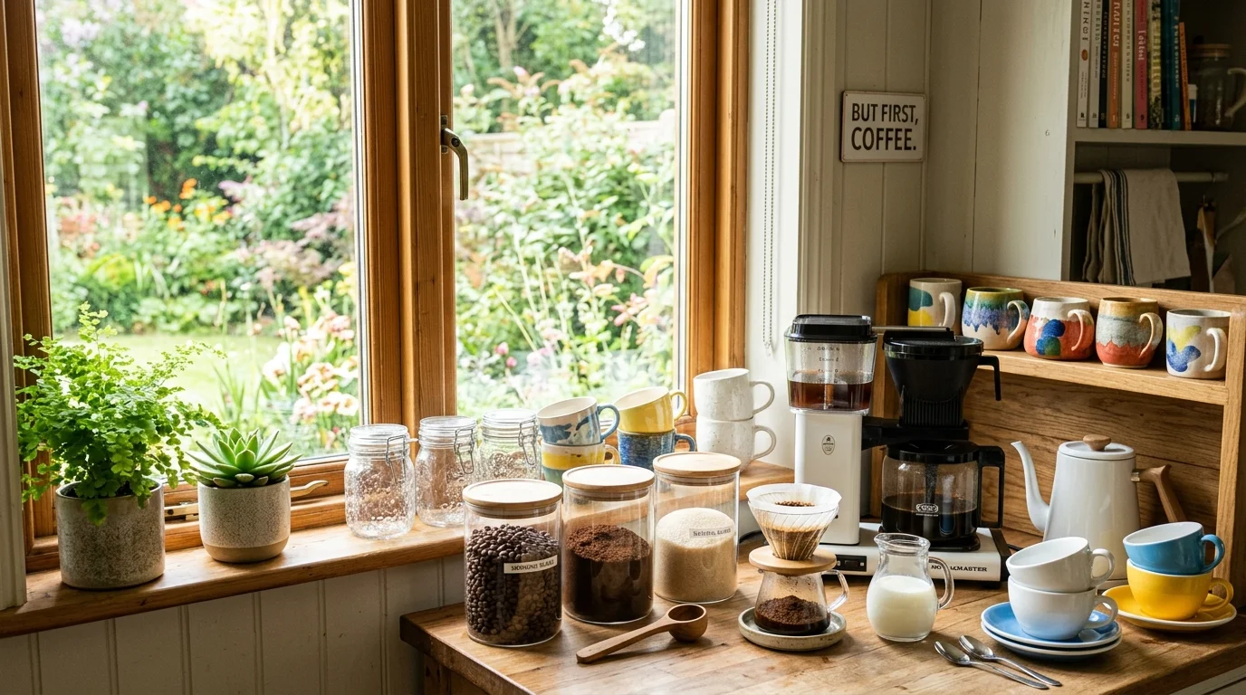 A bright coffee station near a window with natural light highlighting glass jars and cups fresh cheerful morning ambiance no people