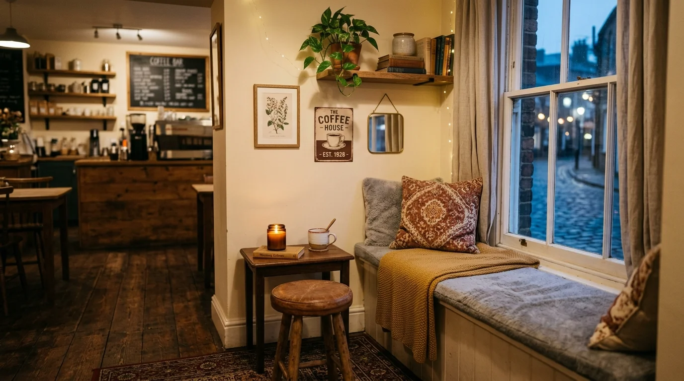 A coffee bar with a cozy nook featuring a small stool and decorative elements soft lighting inviting relaxing setup no people