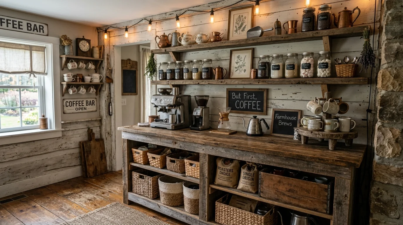 A farmhouse style coffee bar with wooden shelves mason jars and vintage decor warm lighting charming rustic vibe no people