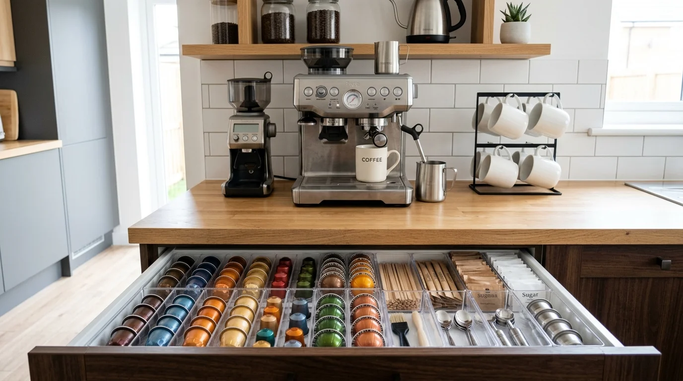 A coffee station with a drawer organizer storing pods and accessories neatly bright lighting efficient functional design no people