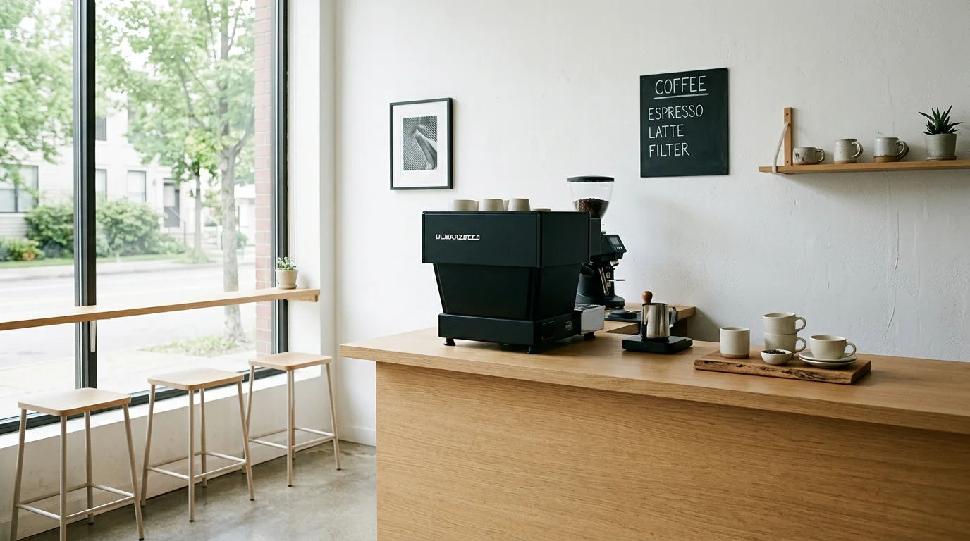 A minimalist coffee bar with a single espresso machine a few cups and simple decor bright natural light clean uncluttered aesthetic no people