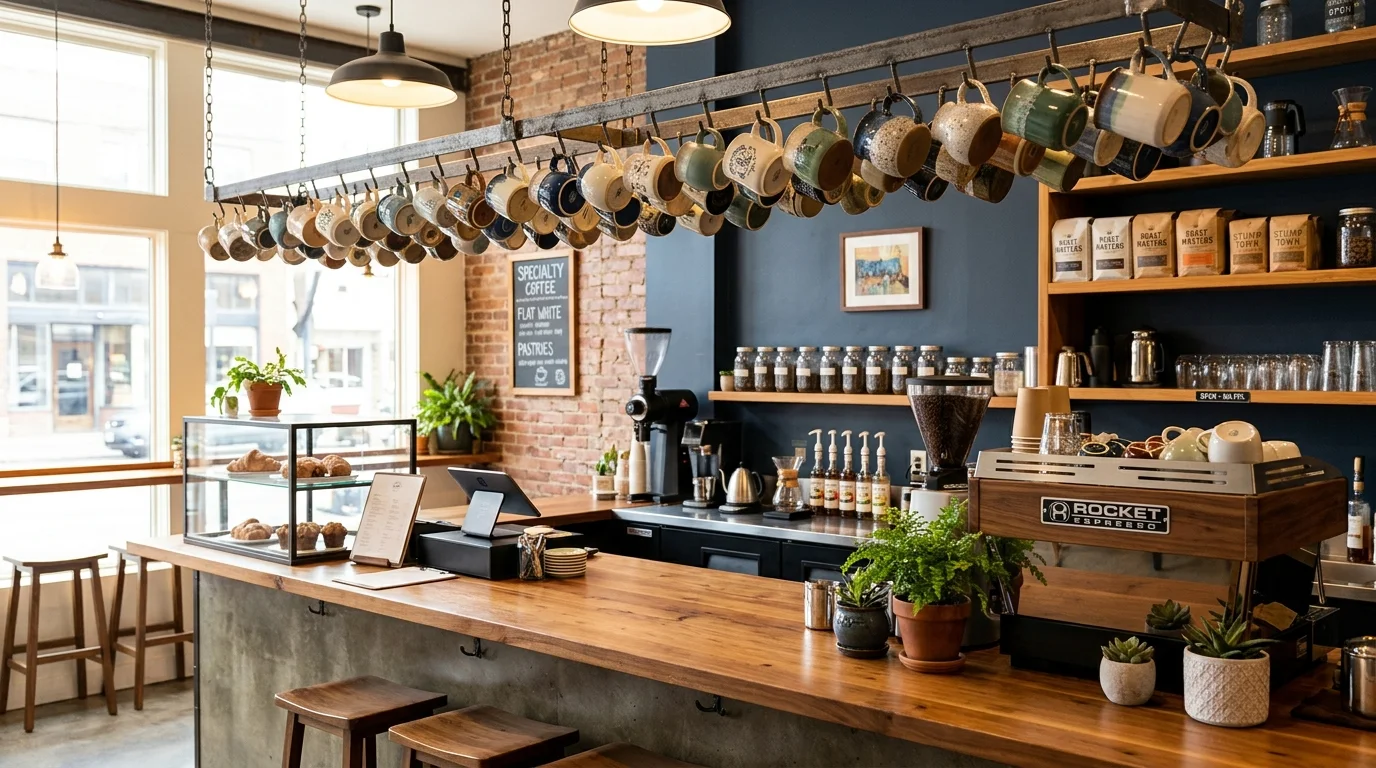 A coffee bar with hanging mug hooks above the counter bright lighting practical stylish storage solution no people