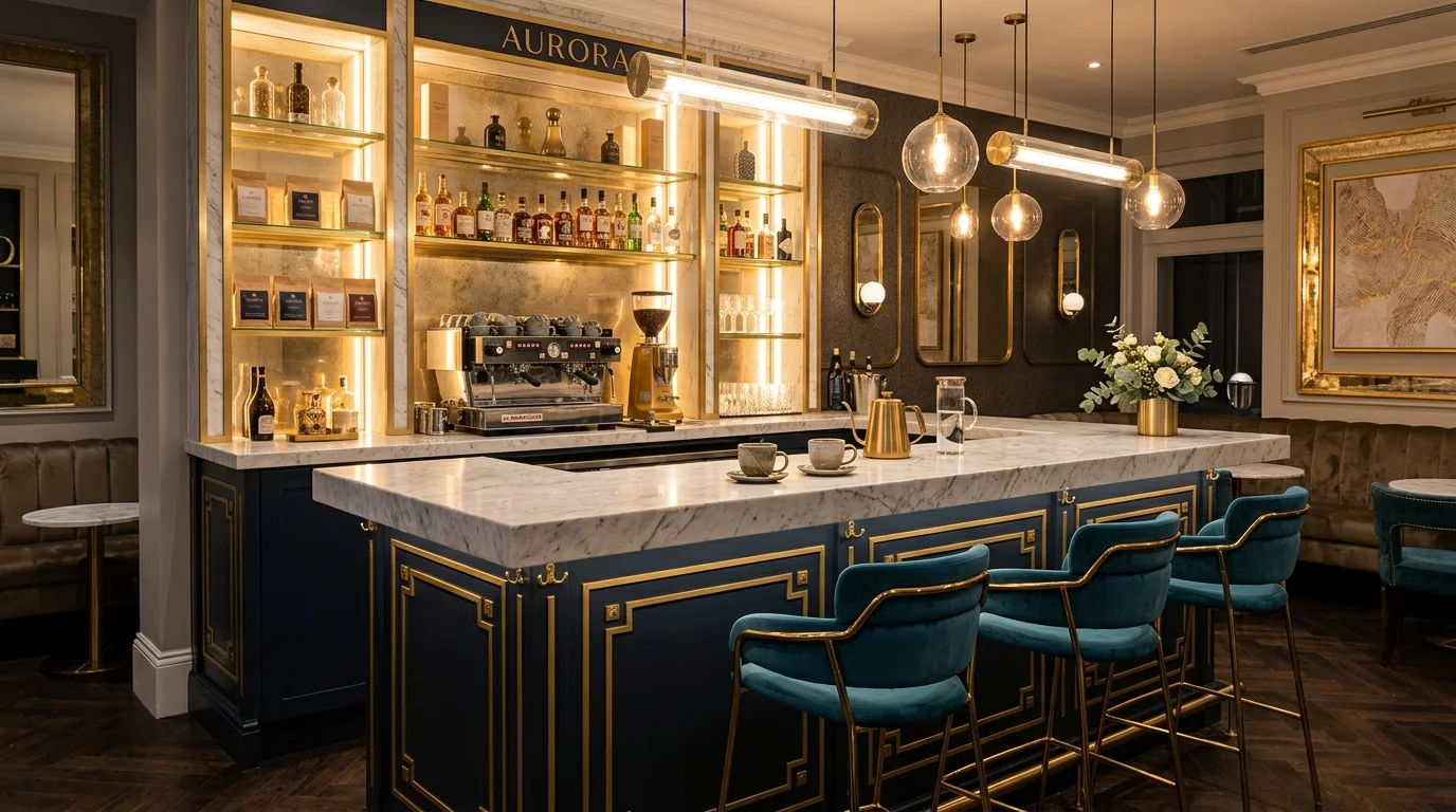 A chic coffee bar with gold accents marble surfaces and elegant decor soft lighting sophisticated stylish setup no people
