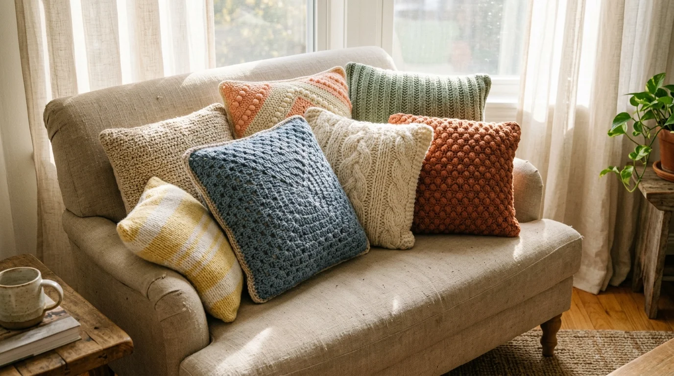A crochet cushion collection arranged on a cozy armchair, mixed pastel and earthy yarn textures, soft knitted patterns, warm sunlight streaming through window curtains, close-up angled shot, no people