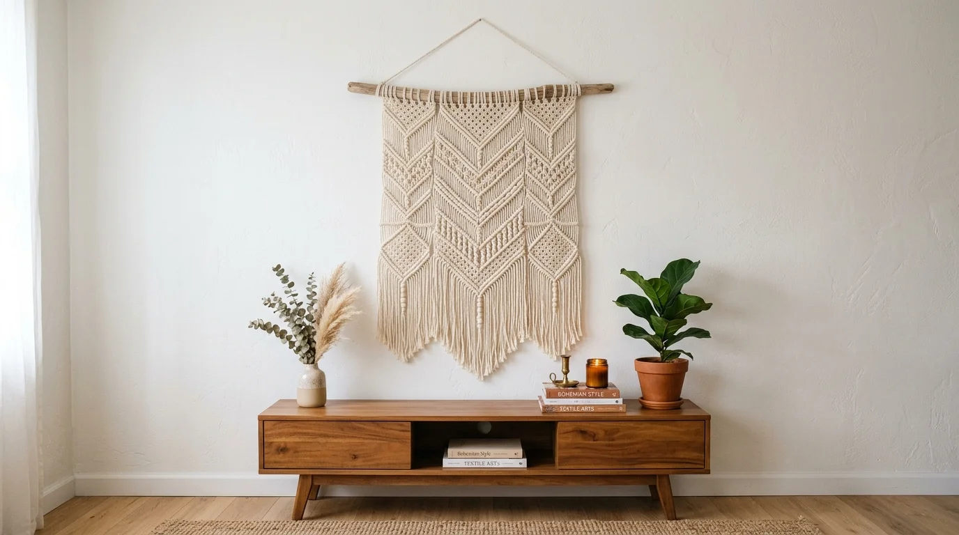 A handmade crochet wall hanging with intricate geometric patterns in natural cotton yarn, displayed on a white wall above a wooden console table, minimal boho decor, soft diffused lighting, straight-on composition, no people