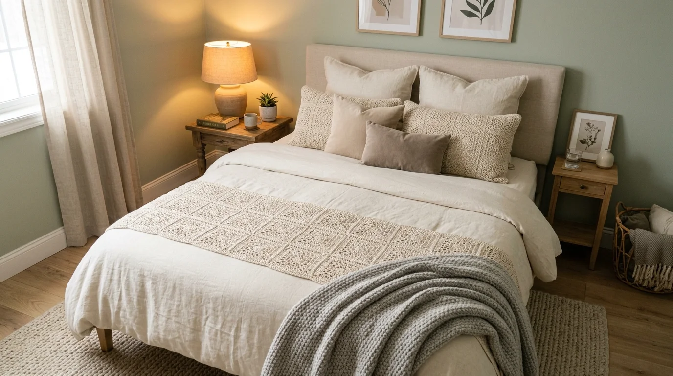A cozy bedroom setup with a crochet bed runner and matching pillow covers in soft neutral tones, layered textiles, warm bedside lamp glow, calming aesthetic, slightly elevated angle, no people