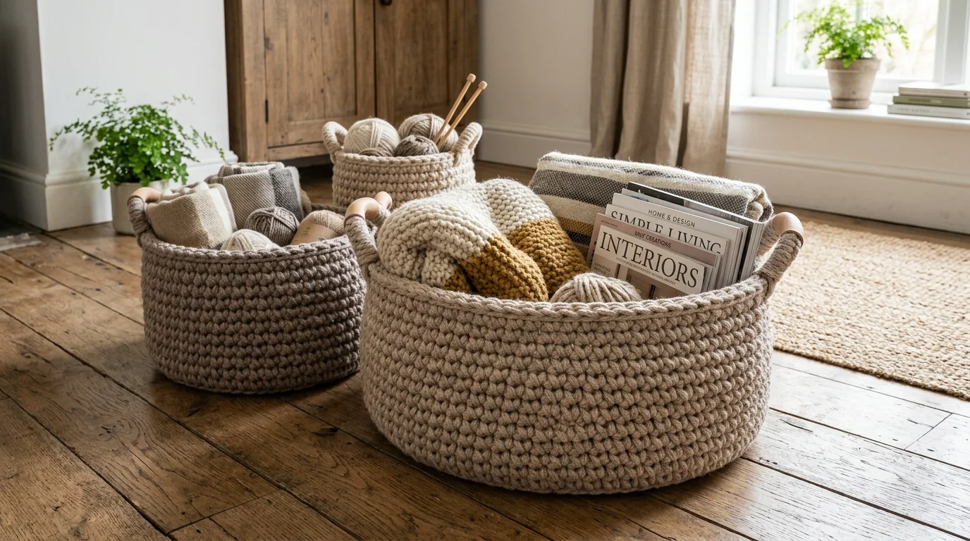 A crochet basket set used for home storage, filled with blankets and magazines, thick yarn texture in beige and taupe, placed on a wooden floor, natural light, close-up shot, no people