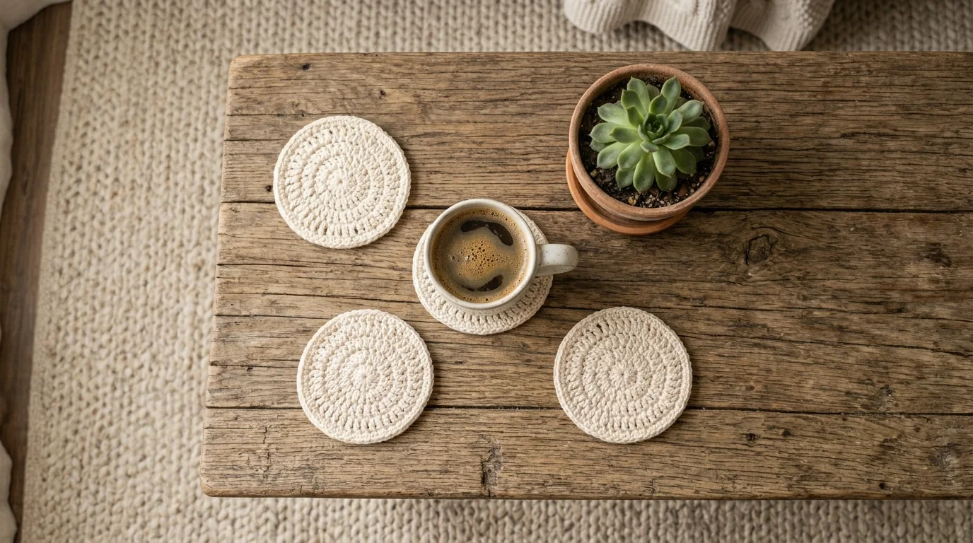A rustic coffee table styled with handmade crochet coasters in cream yarn, ceramic mug, and small plant, soft cozy lighting, detailed textures, top-down flat lay composition, no people