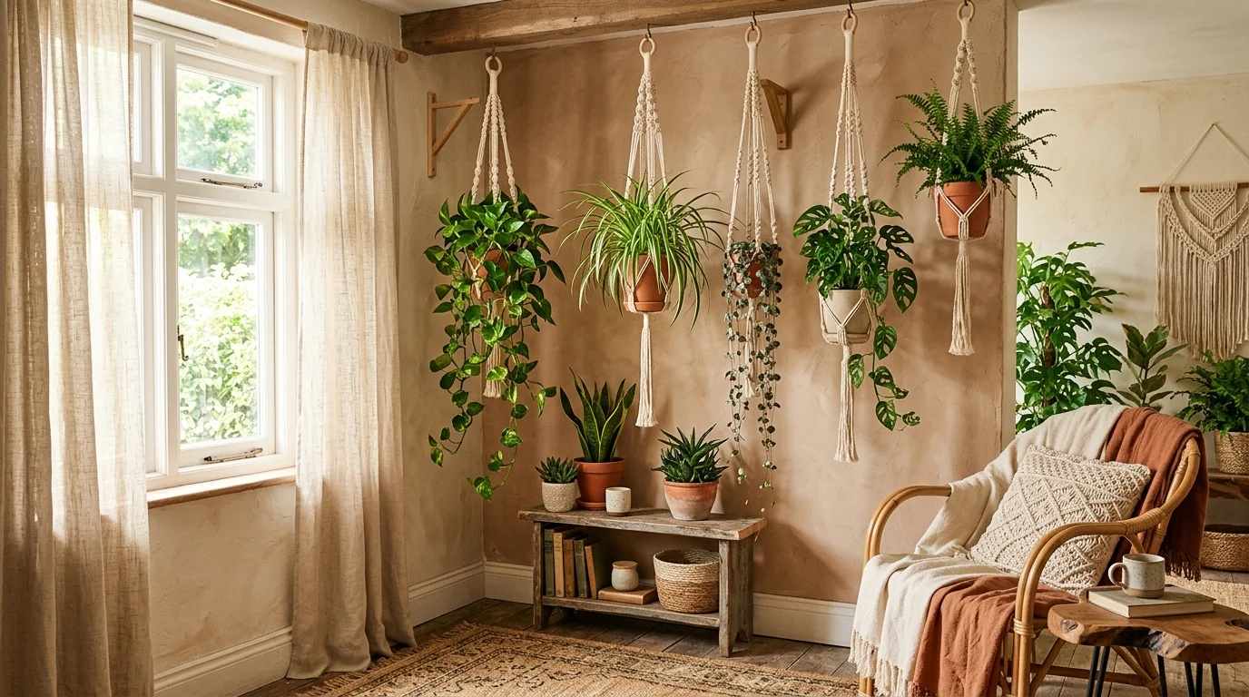 A boho-style living room corner with crochet plant hangers holding lush green indoor plants, natural cotton cords, earthy tones, sunlight filtering in, relaxed atmosphere, angled shot, no people