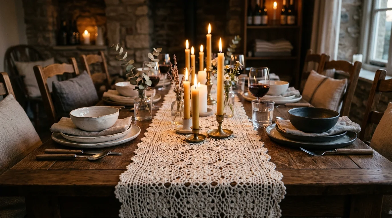 A crochet table runner laid across a wooden dining table with simple ceramic dishes and candles, warm candlelight glow, rustic elegant styling, eye-level composition, no people