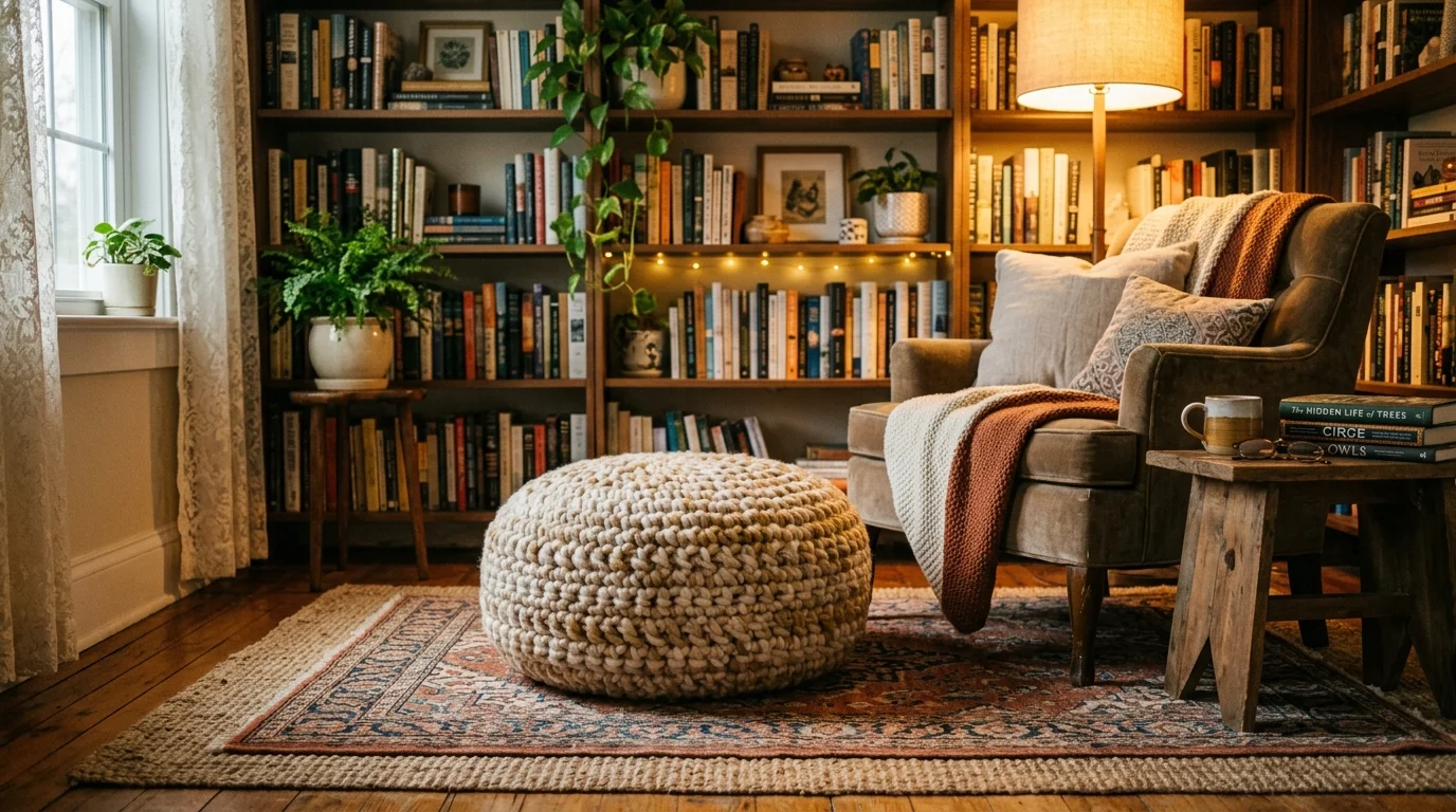 A handmade crochet pouf in soft chunky yarn placed in a cozy reading nook, layered rugs, bookshelves in background, warm golden lighting, intimate atmosphere, low-angle shot, no people