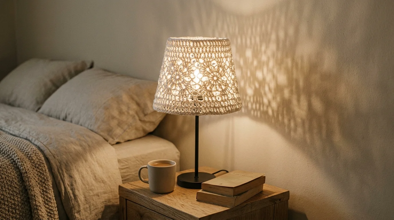 A crochet lampshade casting soft patterned shadows across a bedroom wall, warm cozy lighting, minimalist decor, neutral tones, artistic ambiance, close-up perspective, no people