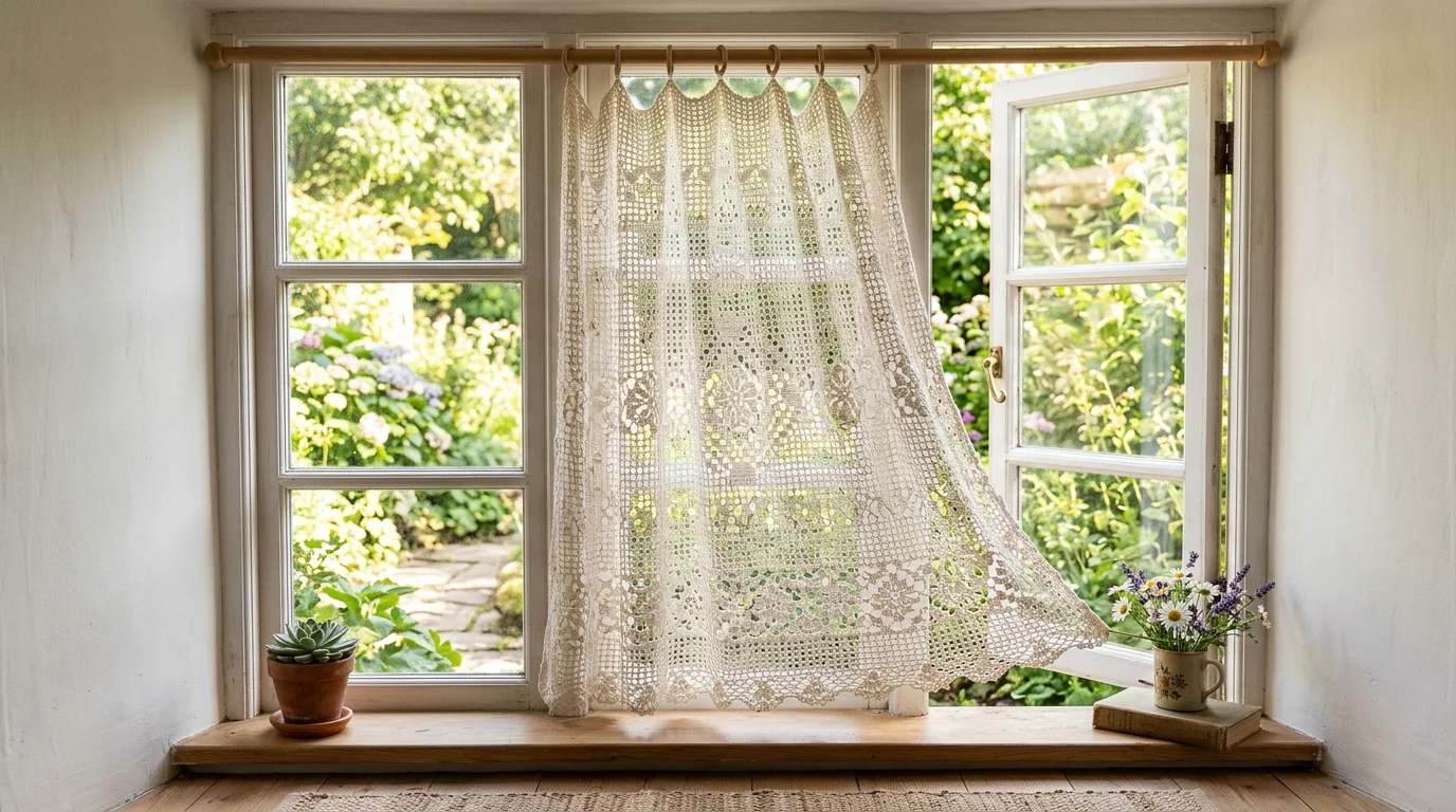 A crochet curtain panel in light airy yarn hanging by a sunlit window, soft breeze effect, delicate texture, bright natural daylight, serene cozy mood, straight-on composition, no people