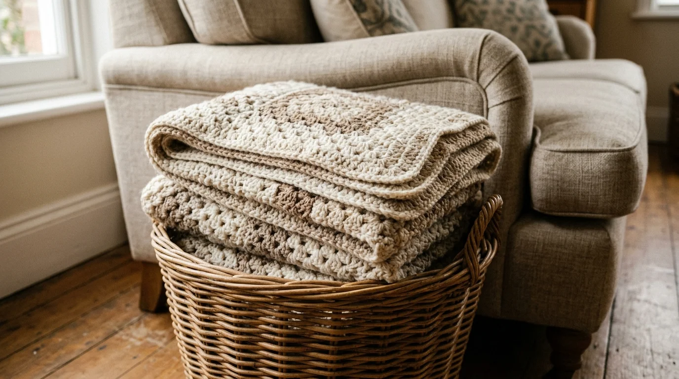 A handmade crochet blanket folded neatly in a wicker basket beside a sofa, layered textures, warm neutral palette, soft indoor lighting, close-up detail shot, no people
