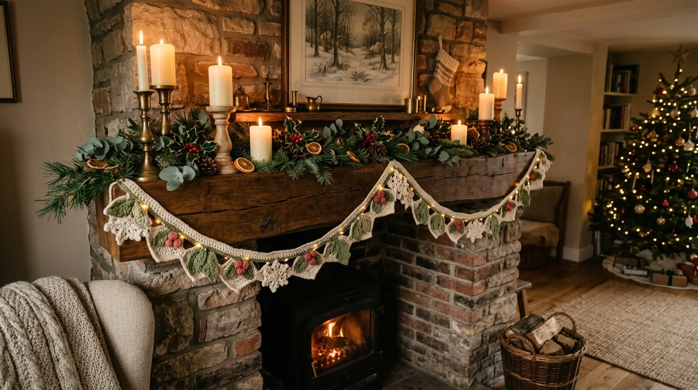 A crochet decorative garland draped across a mantel with candles and greenery, soft rustic aesthetic, warm glowing light, festive cozy feel, angled wide shot, no people