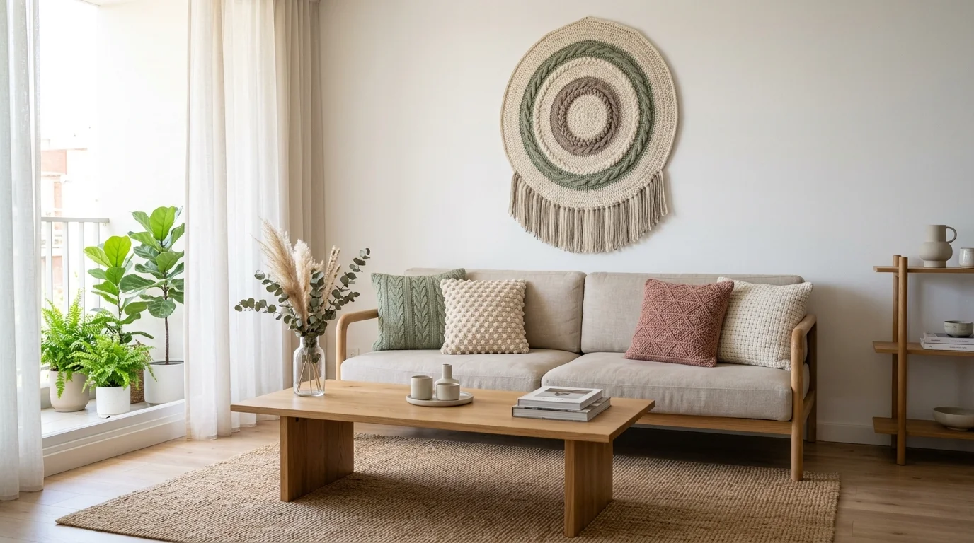 A modern minimalist living room accented with crochet wall art and cushions in muted tones, clean design, natural wood furniture, soft daylight, balanced composition, no people