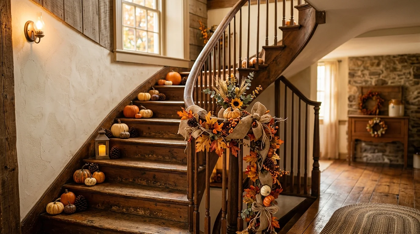 A rustic staircase with wooden banister decorated with pumpkins pinecones and burlap ribbon warm soft lighting farmhouse fall charm no people
