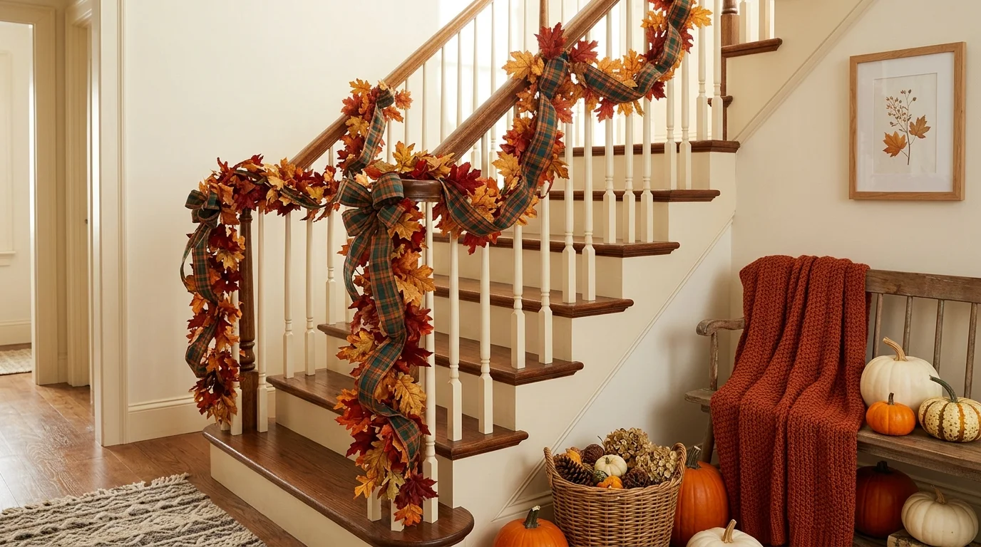 A staircase with plaid ribbon woven through a leafy garland bright natural daylight cozy autumn decor no people