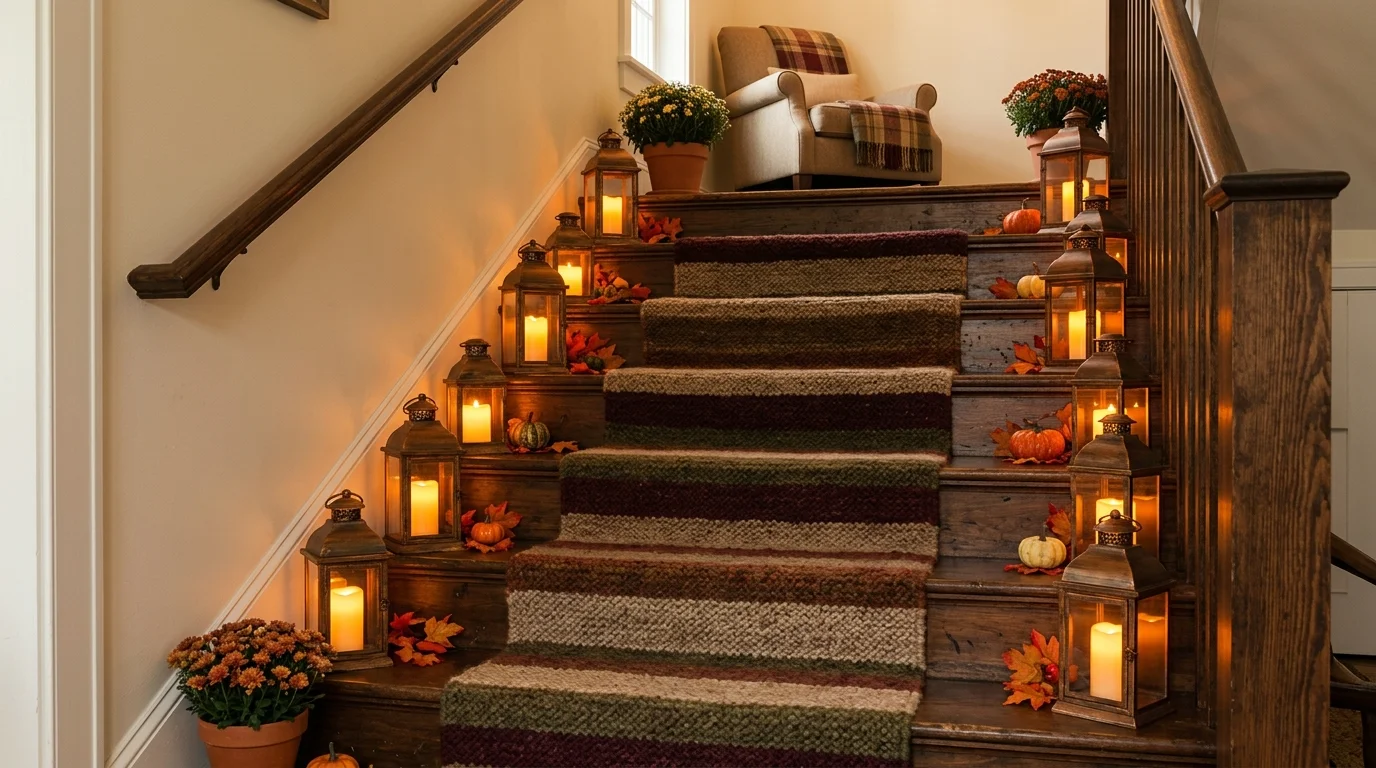 A space with lanterns placed along the staircase steps glowing softly warm ambient lighting inviting fall atmosphere no people