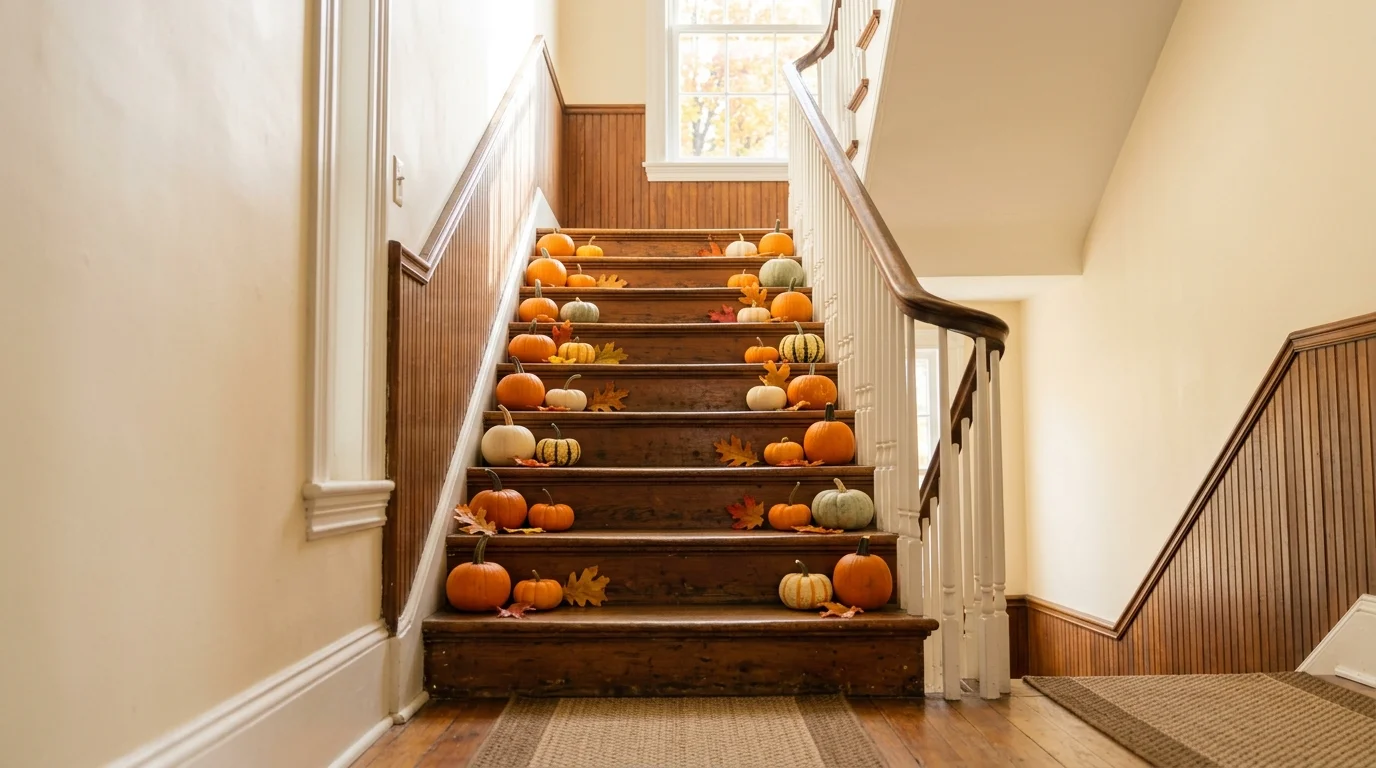 A staircase with small pumpkins arranged on each step bright natural light festive autumn display no people