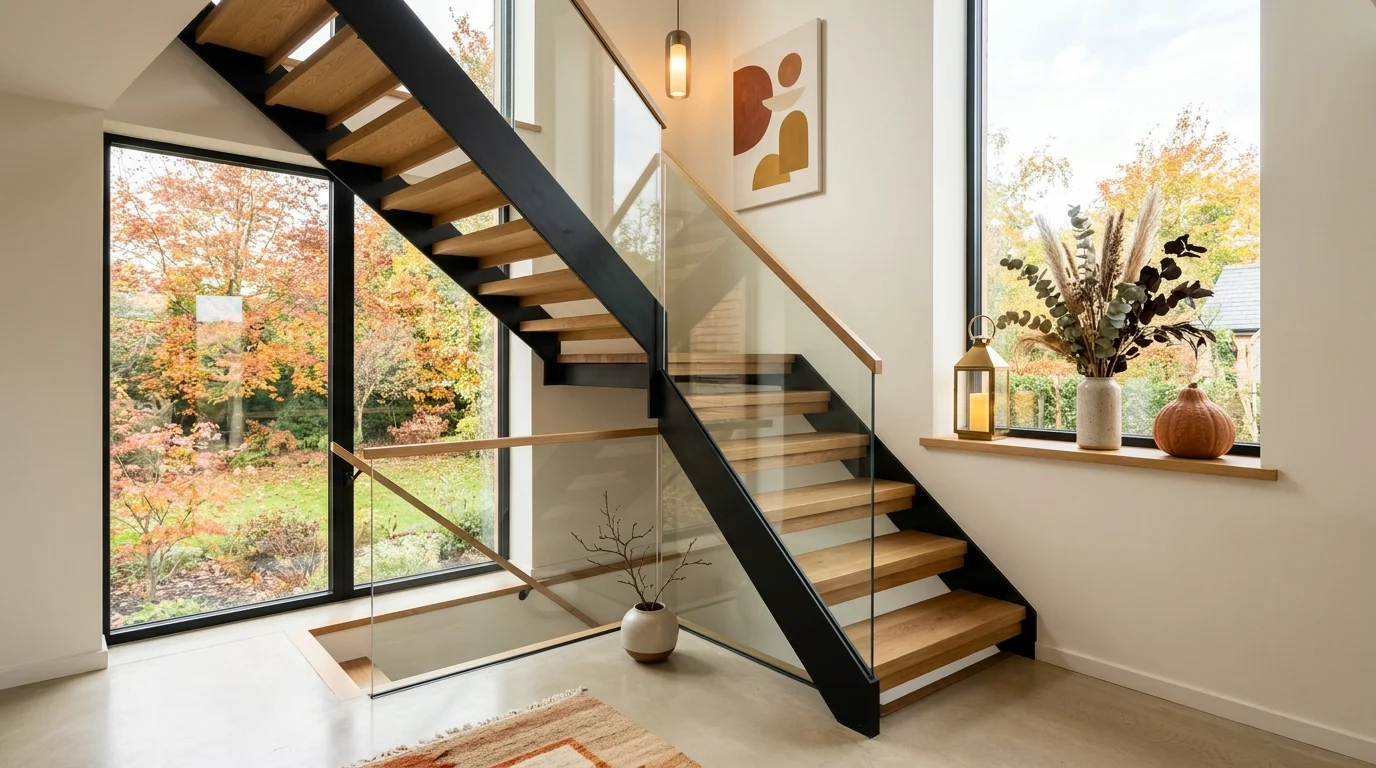 A modern staircase with subtle fall accents including minimal greenery and warm tones bright lighting clean seasonal touch no people