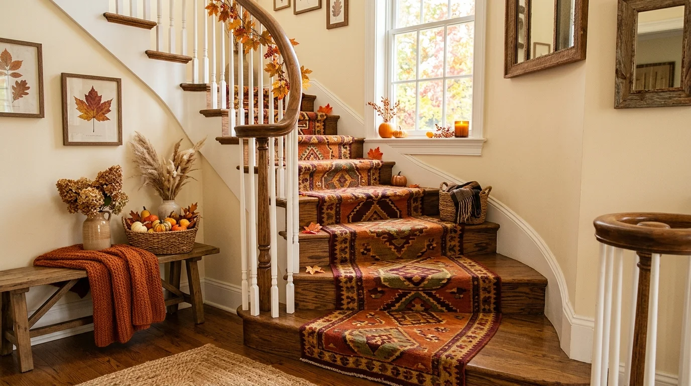 A cozy staircase with a runner rug in warm fall colors bright natural daylight layered autumn style no people