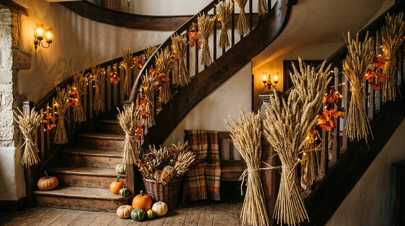 A staircase decorated with dried wheat bundles tied along the railing warm lighting rustic harvest vibe no people