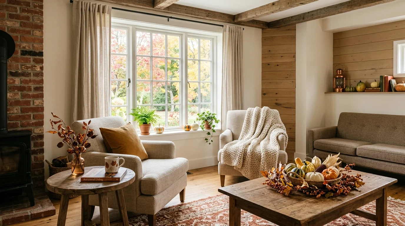 A space with a mix of textures including wood fabric and seasonal decor bright natural light balanced autumn design no people