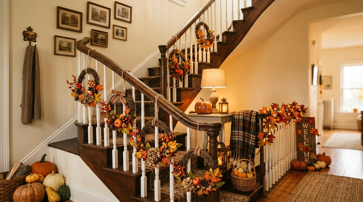A staircase with hanging fall wreaths along the railing warm lighting charming seasonal detail no people