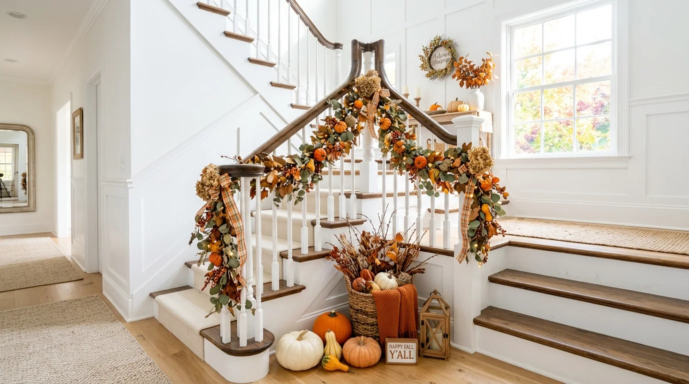A bright staircase with white decor accented by autumn elements bright natural daylight fresh fall look no people