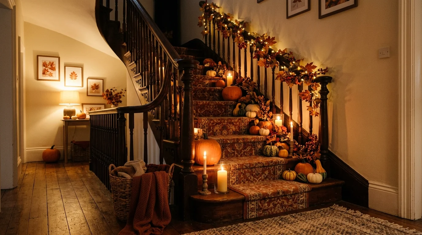 A cozy staircase with soft lighting and layered decor including candles and pumpkins warm ambient lighting inviting autumn feel no people