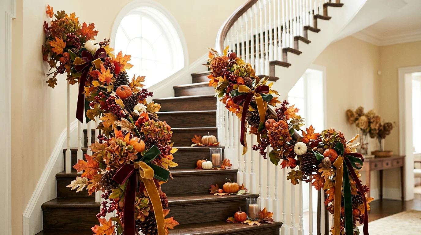A staircase with a bold autumn garland and rich colored accents bright natural light vibrant seasonal display no people