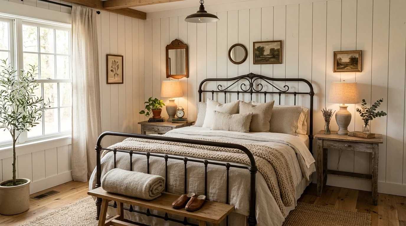 A bedroom with shiplap walls and a vintage style iron bed frame paired with neutral linens soft warm lighting charming farmhouse aesthetic no people