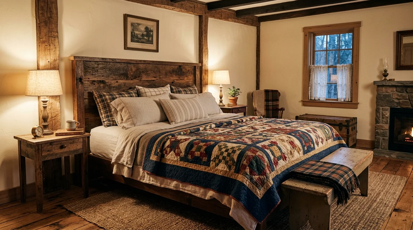 A rustic bedroom with a reclaimed wood headboard and a cozy quilt layered on the bed warm ambient lighting inviting country feel no people