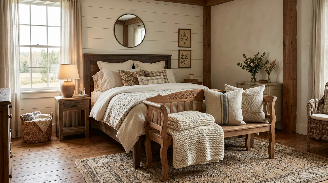 A farmhouse bedroom with a bench at the foot of the bed topped with a folded blanket and decorative pillows soft lighting cozy welcoming design no people