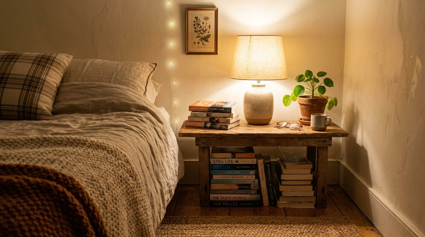 A bedroom corner with a wooden nightstand stacked with books a lamp and a small plant warm lighting simple rustic charm no people