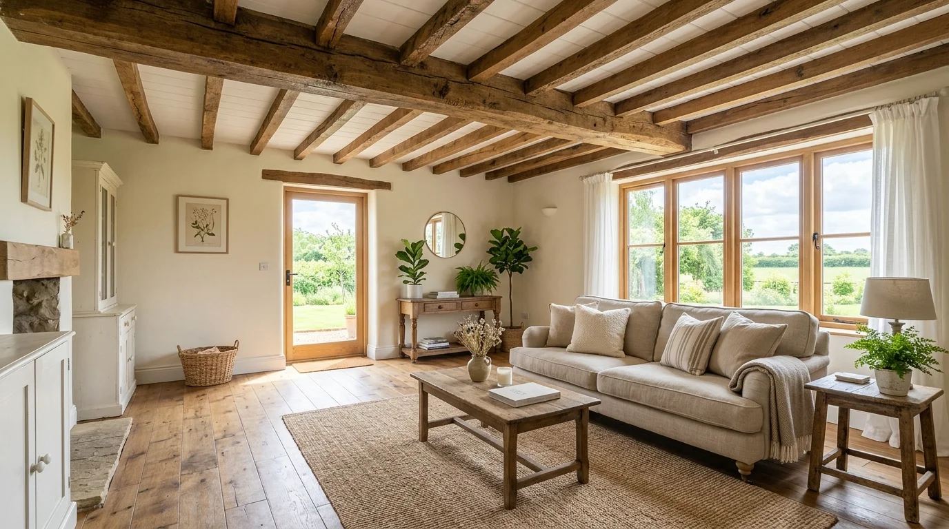 A room with exposed wooden beams on the ceiling and neutral decor bright natural daylight airy farmhouse vibe no people