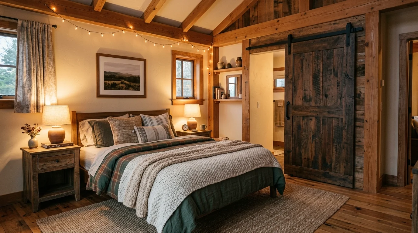 A bedroom with a sliding barn door and wooden accents paired with soft textiles warm lighting cozy rustic retreat no people